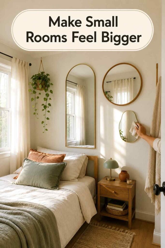 Three differently shaped mirrors reflect morning light in a small bedroom with soft neutral bedding.