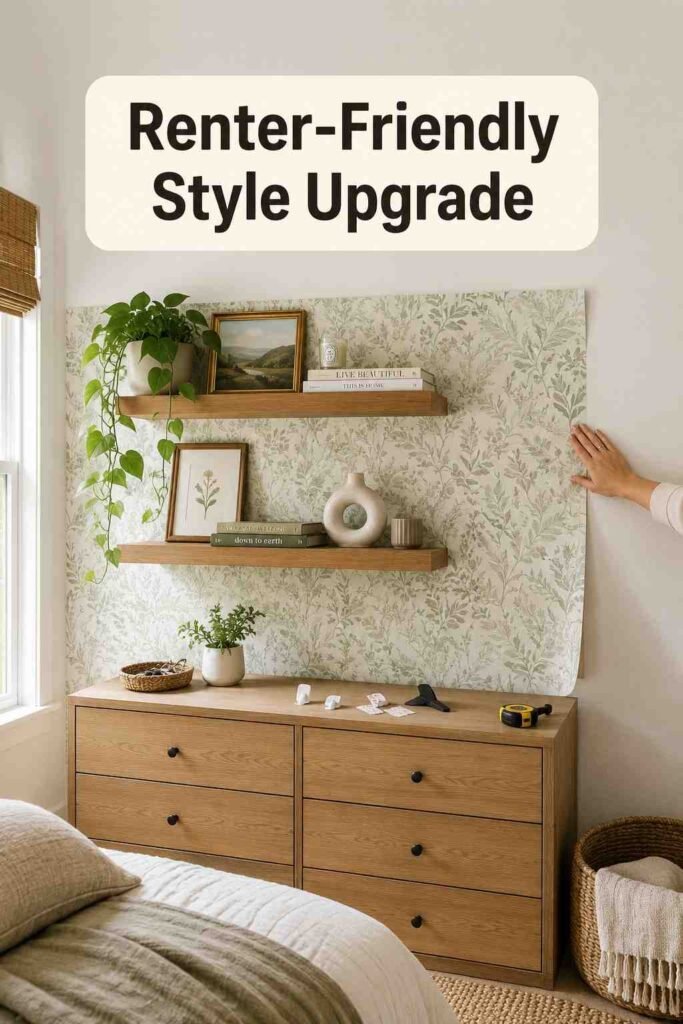 A hand smooths removable wallpaper behind floating shelves styled with books, plants, and framed art.