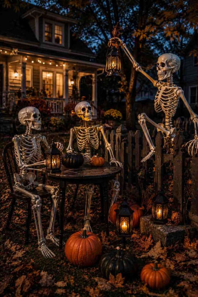 Top 20 Spooky Halloween Outdoor Ideas to Transform Your Yard This Fall 6 Life-size skeletons posed in a playful Halloween scene in a front yard