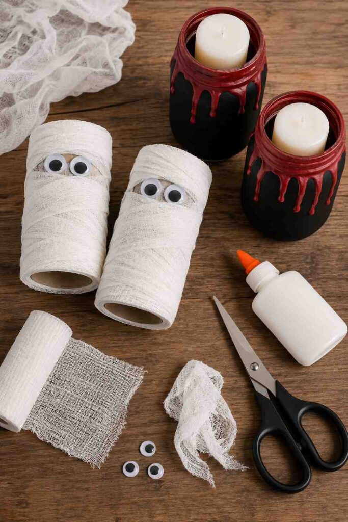 Creative 24 Bathroom Halloween Decor Ideas to Transform Your Space This Spooky Season 4 DIY toilet paper mummies and painted mason jar candles as budget bathroom Halloween decor ideas