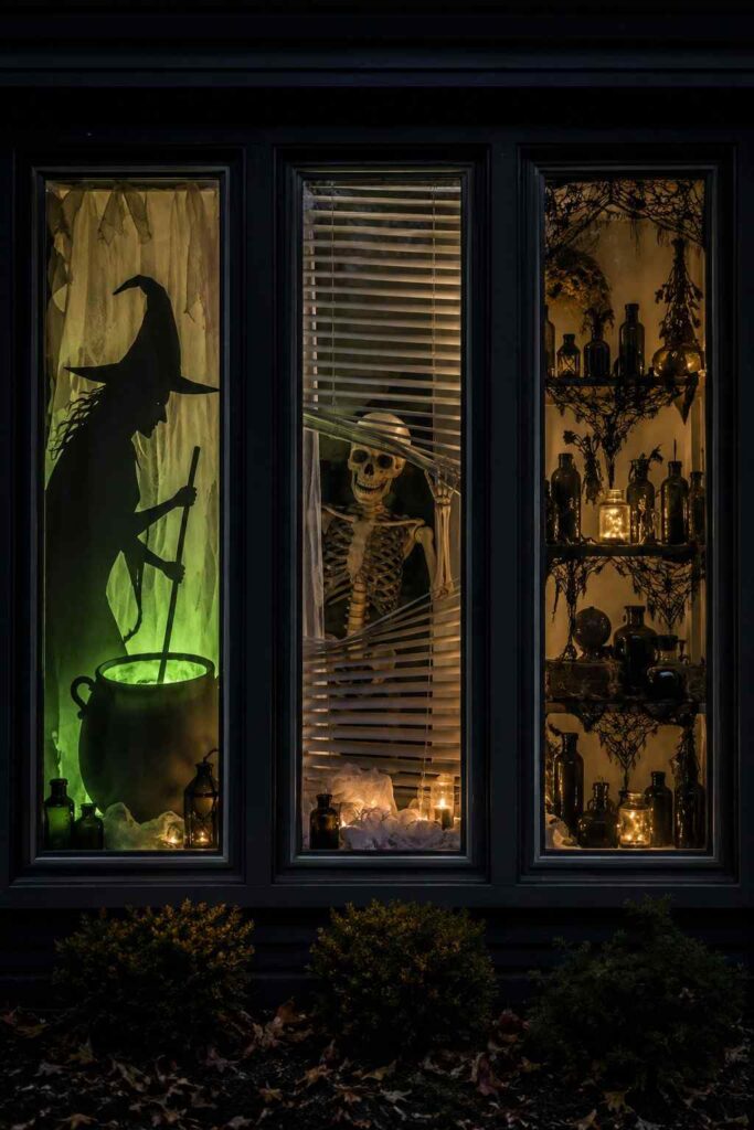 Stunning 23 Halloween Window Decoration Ideas for a Spooky, Stylish Home 4 Witch silhouette, skeleton blinds, and gothic apothecary Halloween window displays