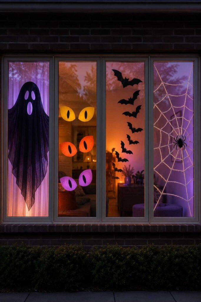 Stunning 23 Halloween Window Decoration Ideas for a Spooky, Stylish Home 3 DIY Halloween window display with silhouettes, monster eyes, paper bats, and a yarn spiderweb
