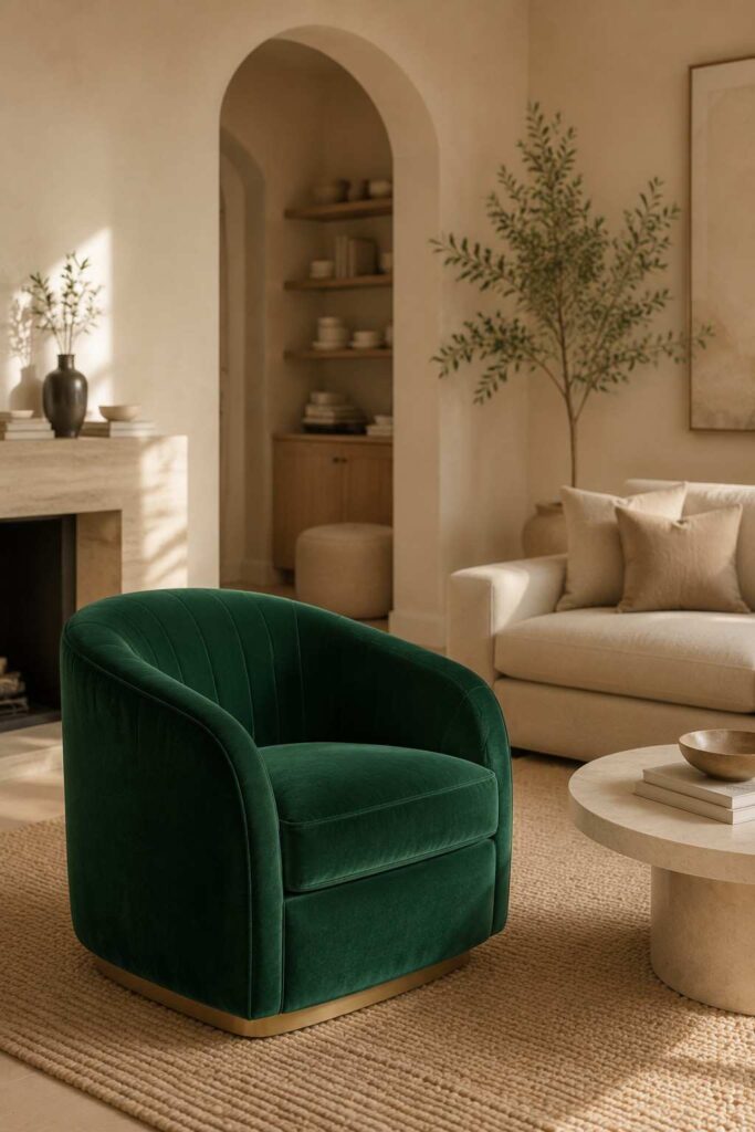 12 Luxury Beige Living Room Ideas for a Timeless, High-End Look 7 Emerald green accent chair in a neutral beige living room