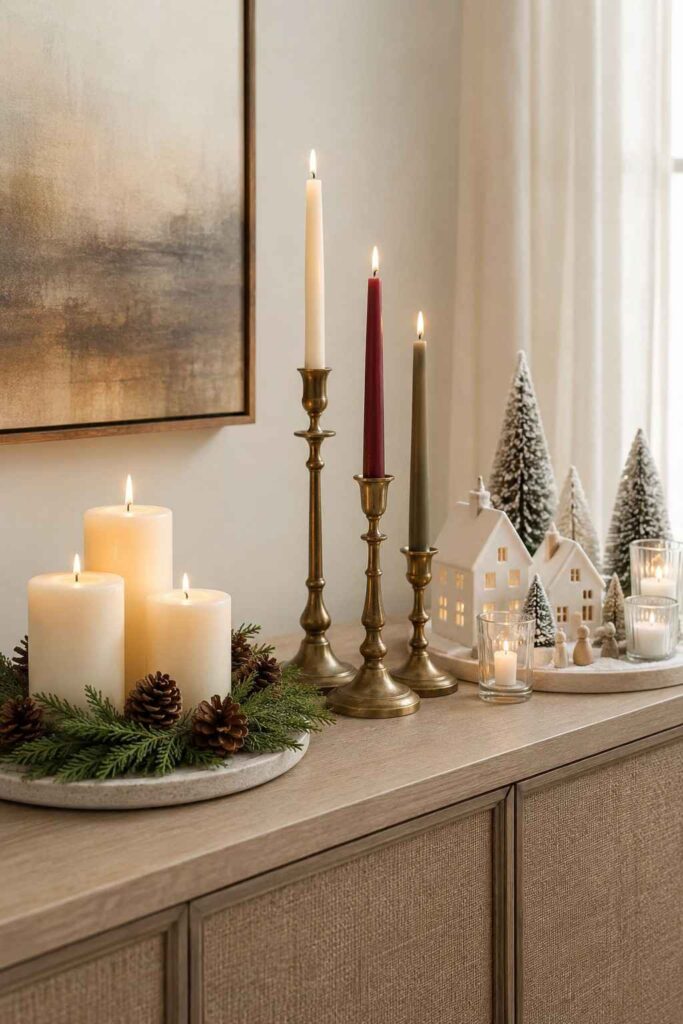 Top 17 Christmas Candles for Cozy Home Decor Ideas 2 Evergreen pillar centerpiece, brass Christmas tapers, and a white winter candle display