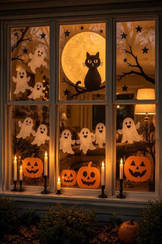 Stunning 23 Halloween Window Decoration Ideas for a Spooky, Stylish Home 5 Family-friendly Halloween window with smiling ghosts, pumpkin faces, black cat, and flameless candles