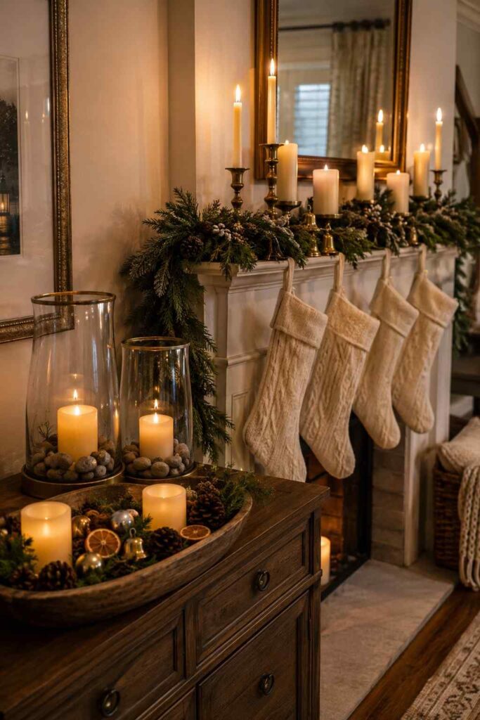 Top 17 Christmas Candles for Cozy Home Decor Ideas 3 Flameless Christmas mantel candles with a wooden bowl and glass hurricane lanterns