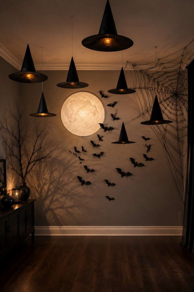 Top 22 Halloween Party Decorations for a Stylishly Spooky Celebration 3 Floating witch hats, paper bats, moon backdrop, and spiderweb Halloween decorations