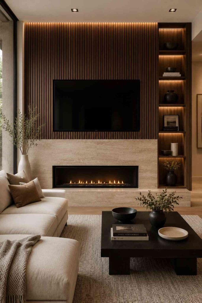 Top 15 Luxury Wall Decor Ideas for a Refined Home 5 Fluted walnut and travertine feature wall in a modern luxury living room