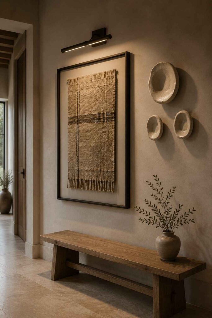 Top 15 Luxury Wall Decor Ideas for a Refined Home 6 Framed woven textile and handmade ceramic wall sculptures in an elegant hallway
