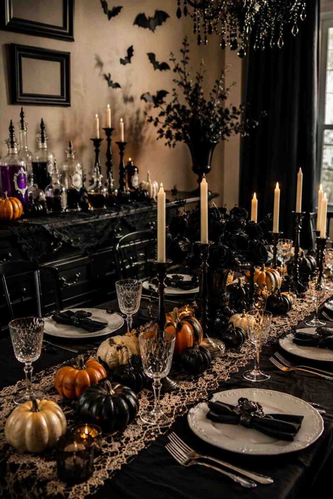 Top 22 Halloween Party Decorations for a Stylishly Spooky Celebration 4 Gothic Halloween table with mini pumpkins, black flowers, and flameless candles