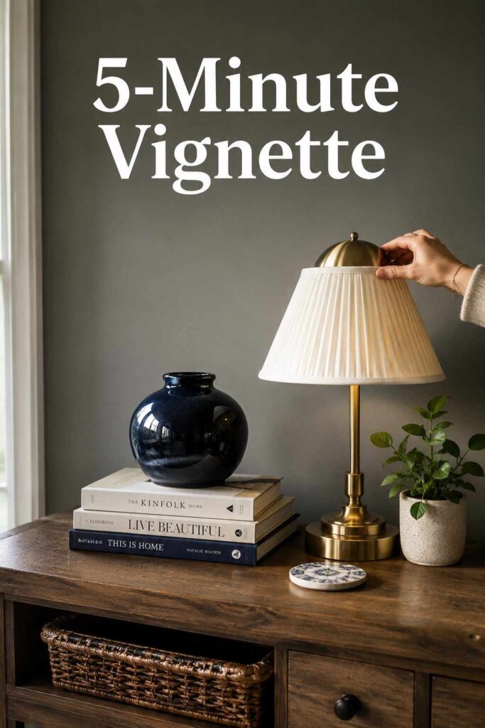 Elegant 22 Gray and Blue Living Room Ideas to Transform Your Space in 2026 3 A styled console table with a navy vase, books, and a brass lamp against a gray living room wall.