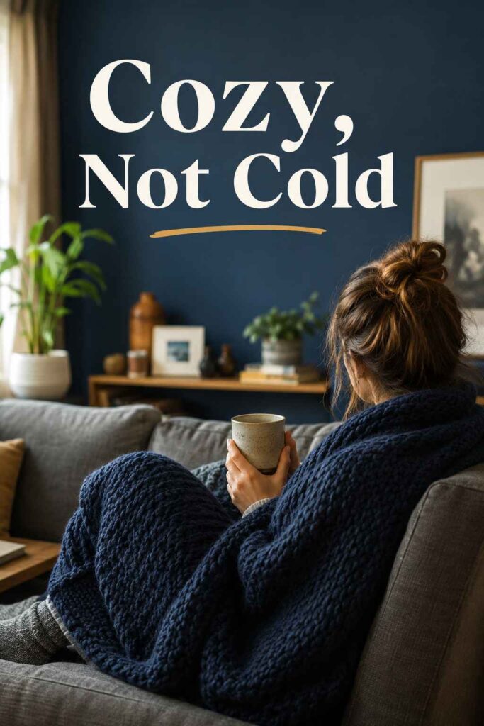 Elegant 22 Gray and Blue Living Room Ideas to Transform Your Space in 2026 5 A person wrapped in a navy throw blanket relaxing on a gray sofa in front of a soft blue accent wall.