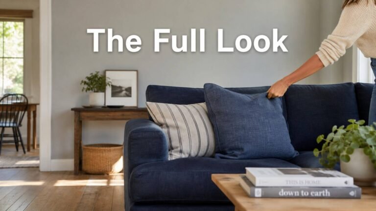 A bright living room with dove-gray walls and a navy blue sofa styled with layered pillows in natural morning light.