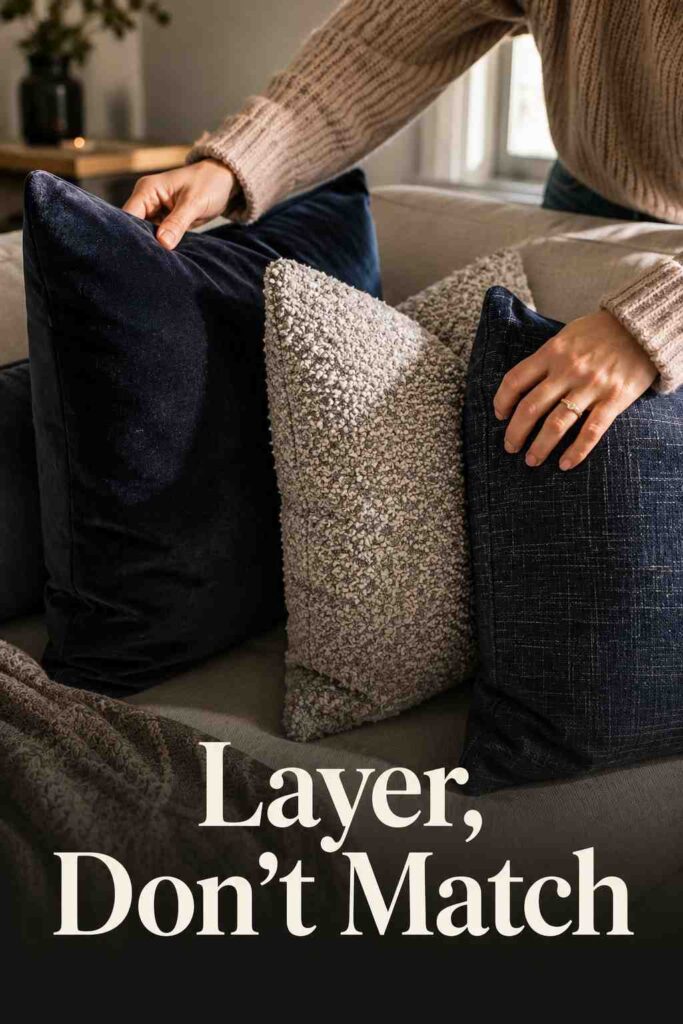 Elegant 22 Gray and Blue Living Room Ideas to Transform Your Space in 2026 2 A close-up of hands layering velvet and boucle pillows in navy and gray tones on a living room sofa.