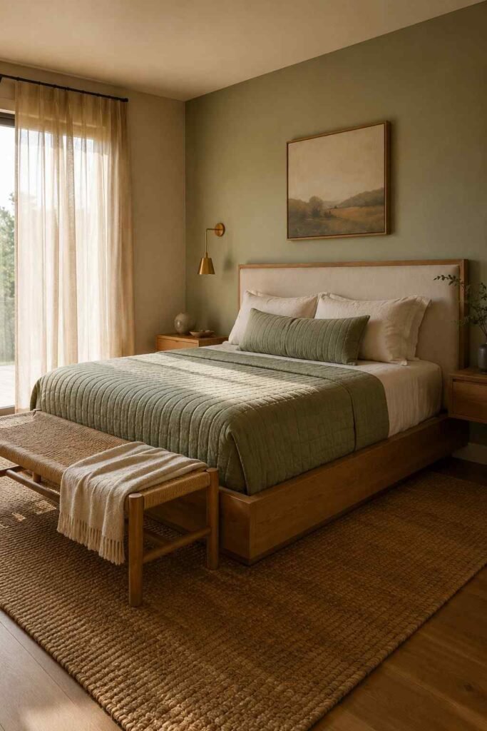 Guest bedroom corner view with oak nightstand, jute rug, and linen curtains in soft morning light.