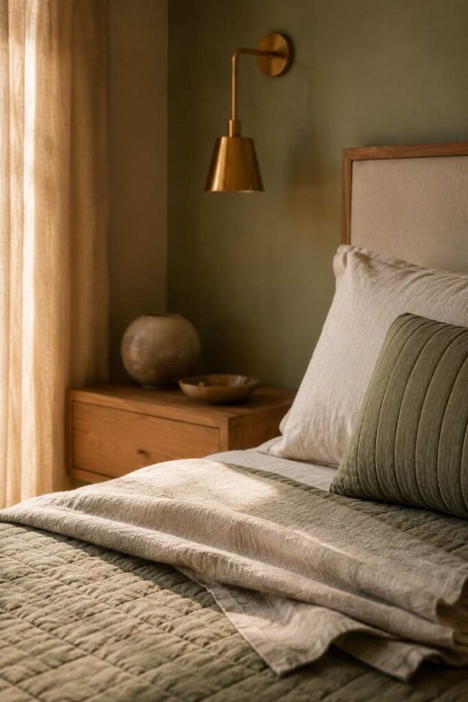 Close-up of linen bedding folds and brass sconce hardware in a warm oak guest bedroom design.