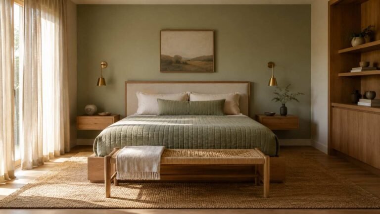 Warm minimalist guest bedroom with oak bed, sage green quilt, and morning light — a cozy guest bedroom idea.
