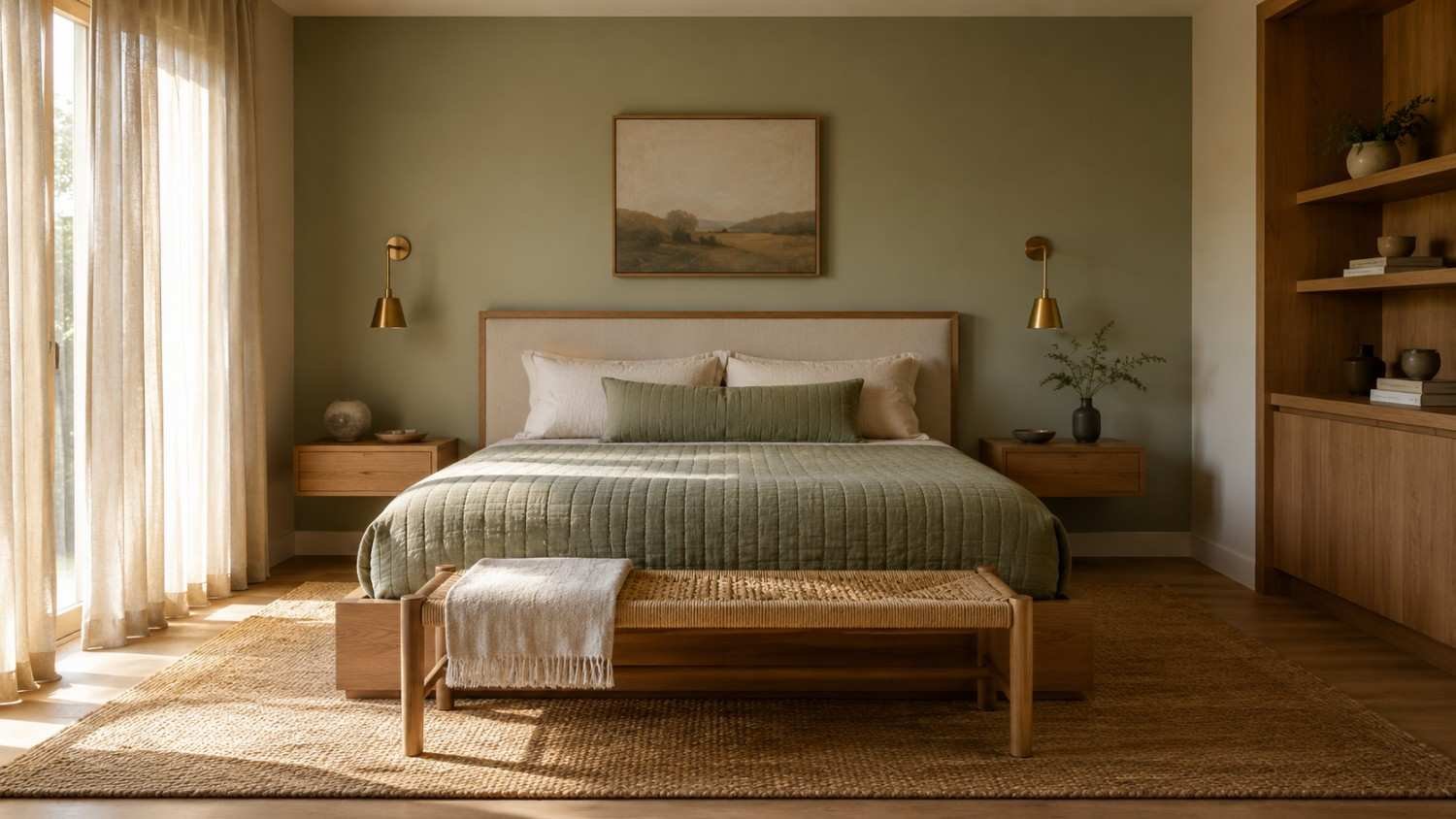 Warm minimalist guest bedroom with oak bed, sage green quilt, and morning light — a cozy guest bedroom idea.