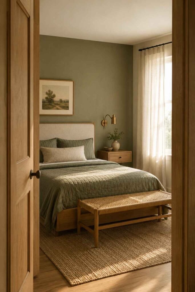 Guest bedroom viewed through the doorway with oak furniture and sage green bedding in morning light.