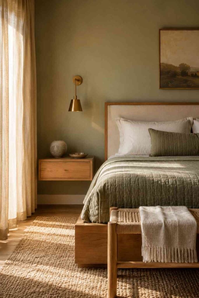 Bed and nightstand vignette in a sage green guest bedroom with brass sconce and linen bedding.