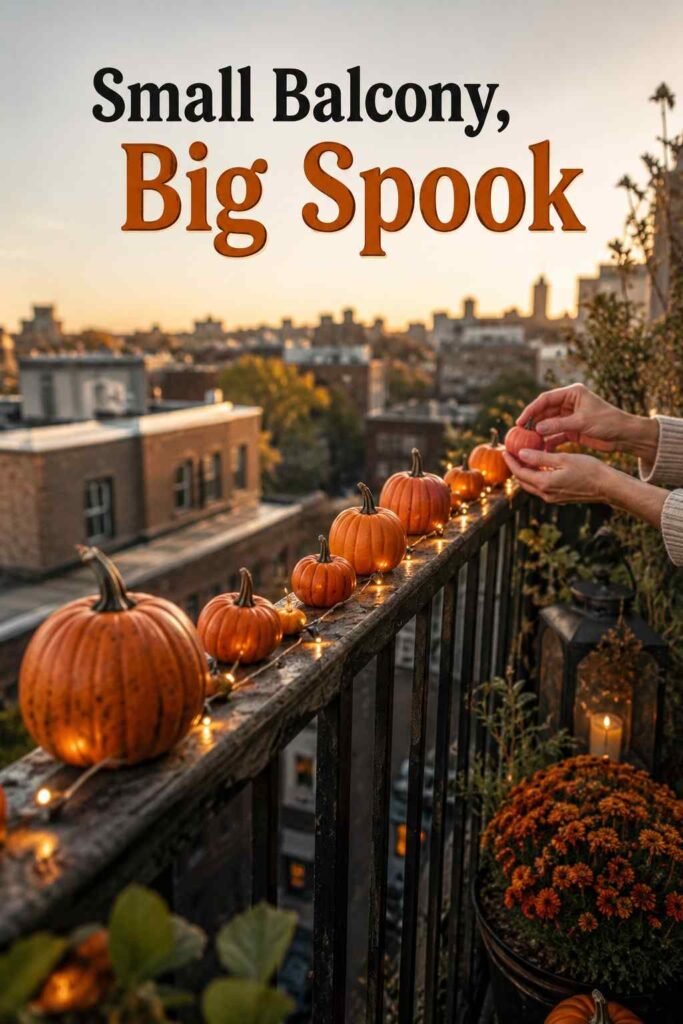 Mini pumpkins and warm string lights decorate a small apartment balcony railing as an outdoor Halloween apartment decor idea.