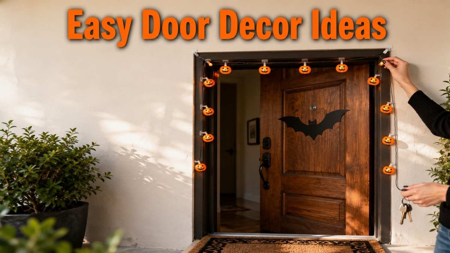 A hand hangs a battery-powered LED pumpkin garland along an apartment doorframe as part of easy Halloween apartment decor ideas.