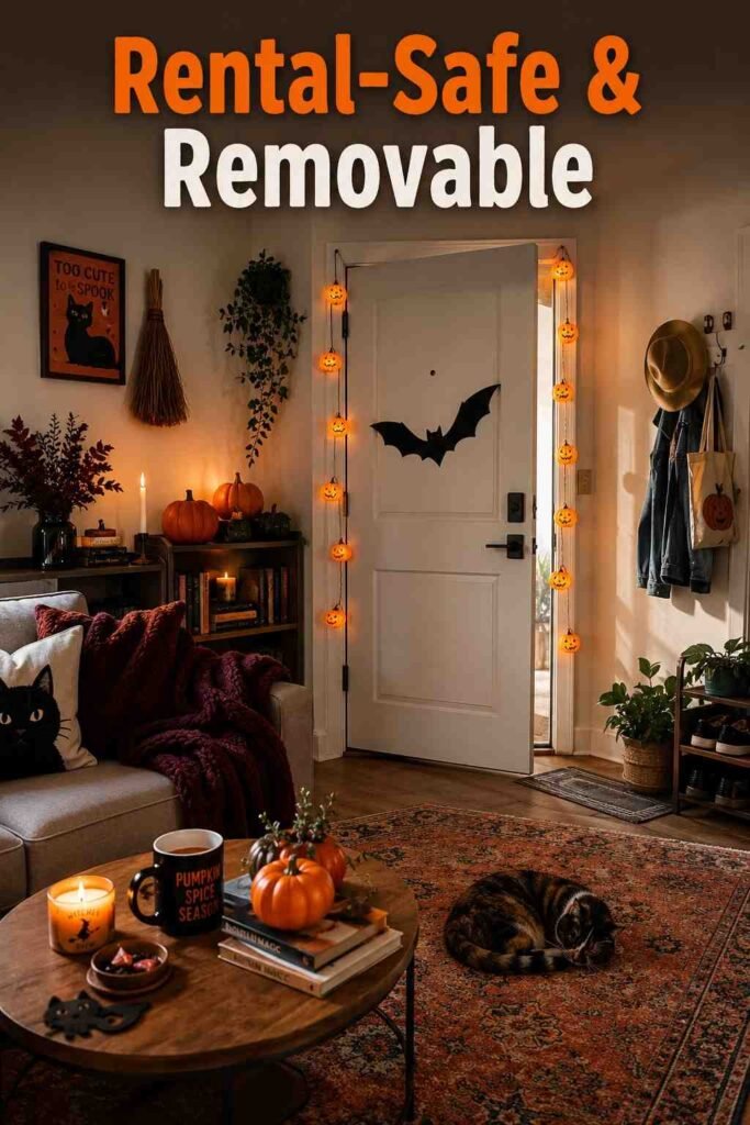 A fully decorated small apartment corner shows how all 25 Halloween apartment decor ideas come together in a rental-safe space.