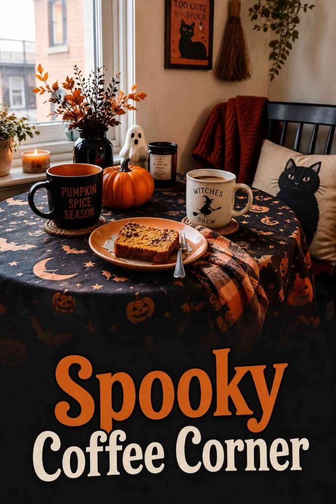A small apartment dining nook styled with a Halloween tablecloth and mini pumpkins demonstrates budget Halloween apartment decor ideas.