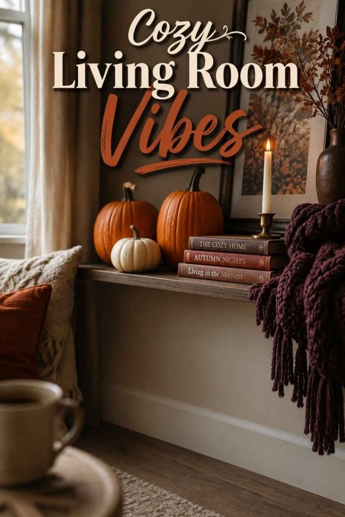 A styled apartment shelf with pumpkins, candles, and a knit throw shows cozy Halloween apartment decor ideas for a rental living room.
