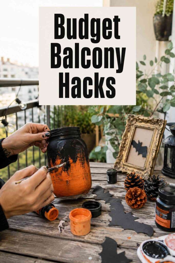 Magical 25 Halloween Balcony Decorating Ideas to Turn Your Small Space Spook-tacular 3 Hands painting a mason jar black and orange on a balcony table, surrounded by pinecones and paper bats for a budget-friendly Halloween display.