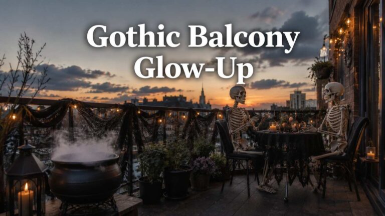 A small apartment balcony decorated with black lace curtains, a bubbling cauldron centerpiece, and skeleton figures posed around a café table for Halloween.