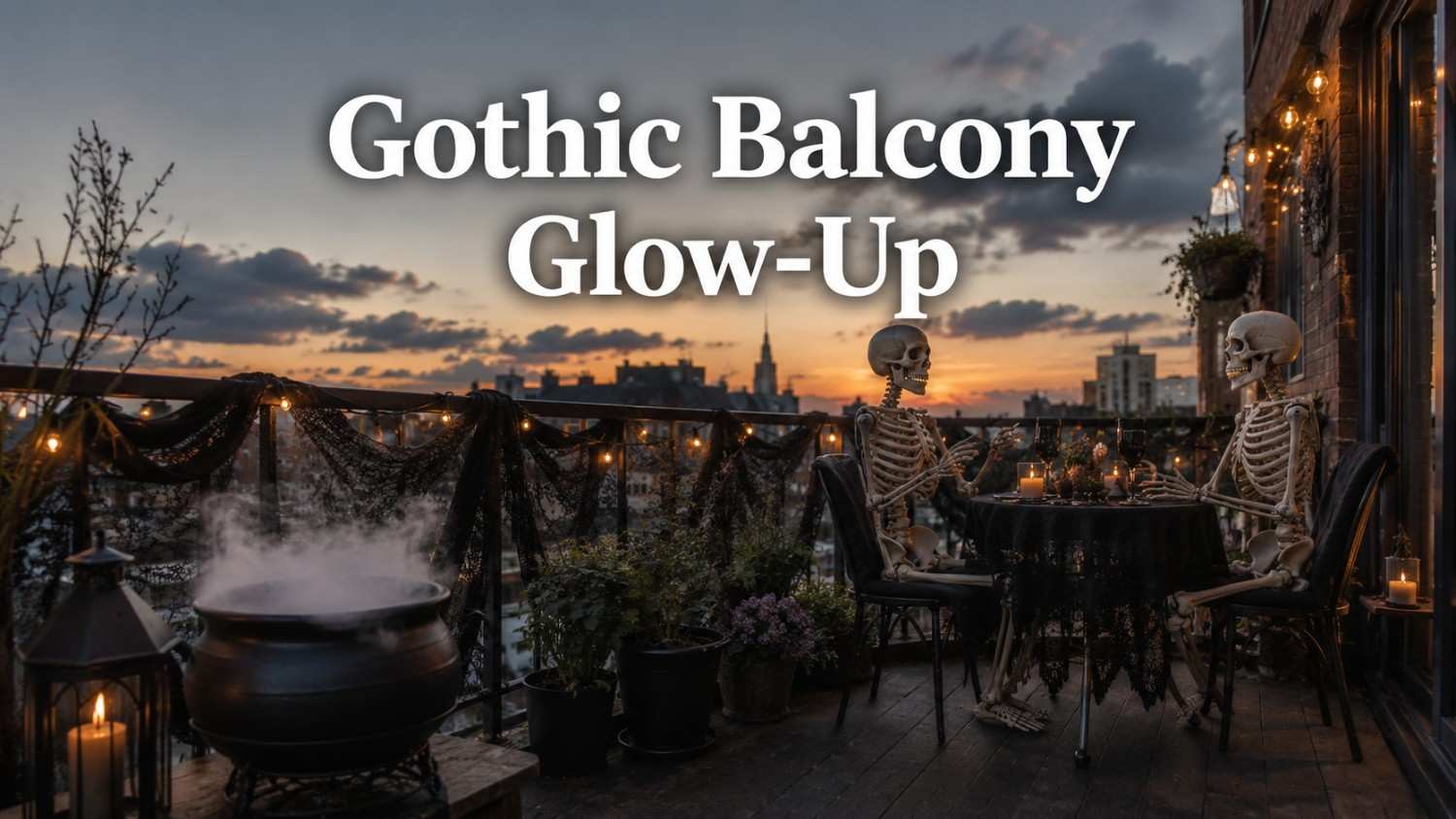A small apartment balcony decorated with black lace curtains, a bubbling cauldron centerpiece, and skeleton figures posed around a café table for Halloween.