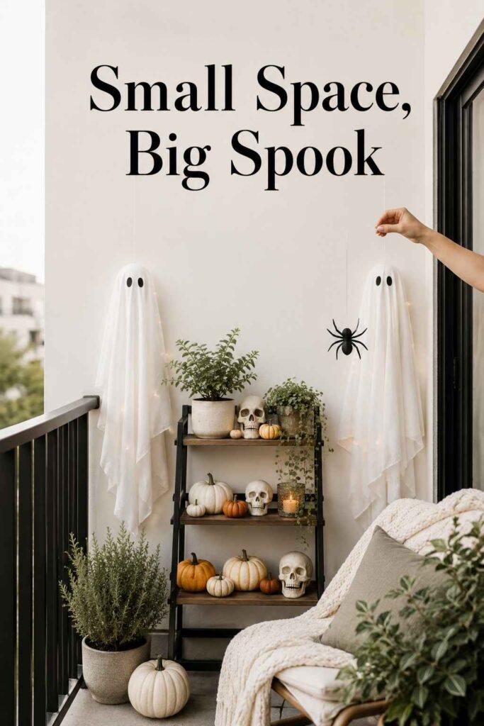 Magical 25 Halloween Balcony Decorating Ideas to Turn Your Small Space Spook-tacular 5 A narrow balcony with a tiered plant stand holding mini pumpkins and hanging paper spiders, showing a minimalist take on halloween balcony decorating ideas.