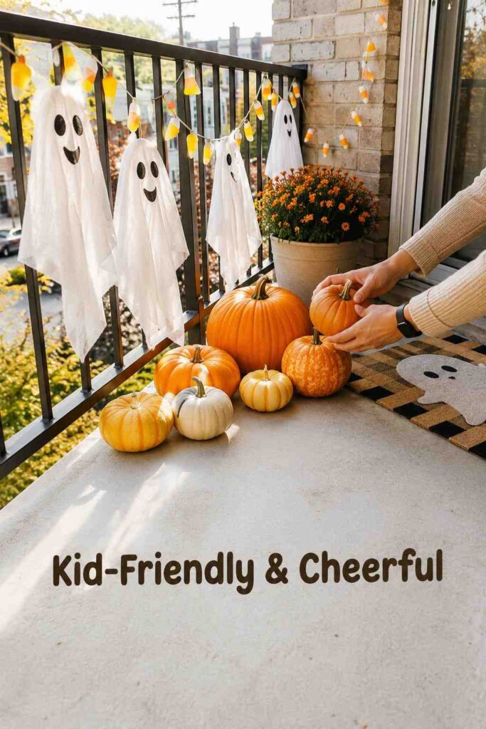 Magical 25 Halloween Balcony Decorating Ideas to Turn Your Small Space Spook-tacular 2 A bright balcony filled with orange and yellow pumpkins, friendly ghost cutouts, and string lights, styled as one of several playful Halloween balcony decorating ideas for families.