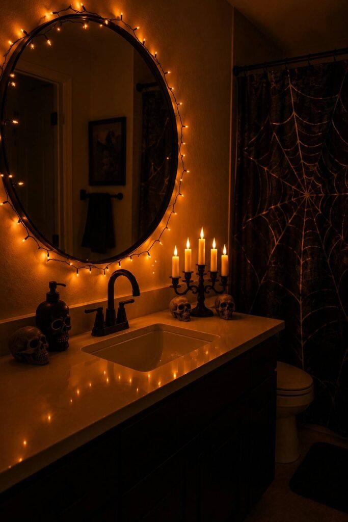 Creative 24 Bathroom Halloween Decor Ideas to Transform Your Space This Spooky Season 5 Orange string lights and LED candelabra creating ambiance for Halloween bathroom decor