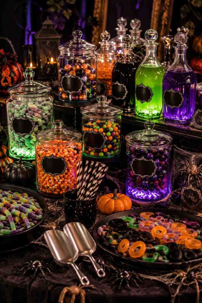 Top 22 Halloween Party Decorations for a Stylishly Spooky Celebration 5 Halloween candy laboratory with glass jars, potion bottles, and colorful LED lighting