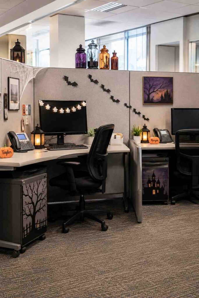 Top 22 Office Halloween Decorations for a Fun, Spooky Workplace 3 Halloween cubicle decorations with paper bats, pumpkins, ghost garland, and LED candles