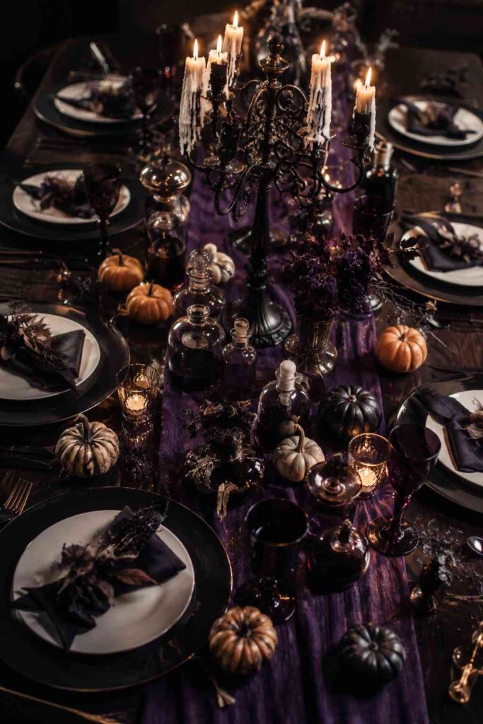 Top 15 Halloween Indoor Decor Ideas to Turn Your Home Into a Show-Stopping Haunt 4 Witchy Halloween dining table setting with black candelabra and apothecary jars