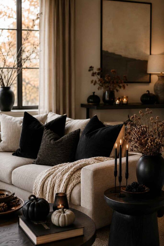 Top 15 Halloween Indoor Decor Ideas to Turn Your Home Into a Show-Stopping Haunt 7 Elegant Halloween living room decor with neutral beige base and black accents