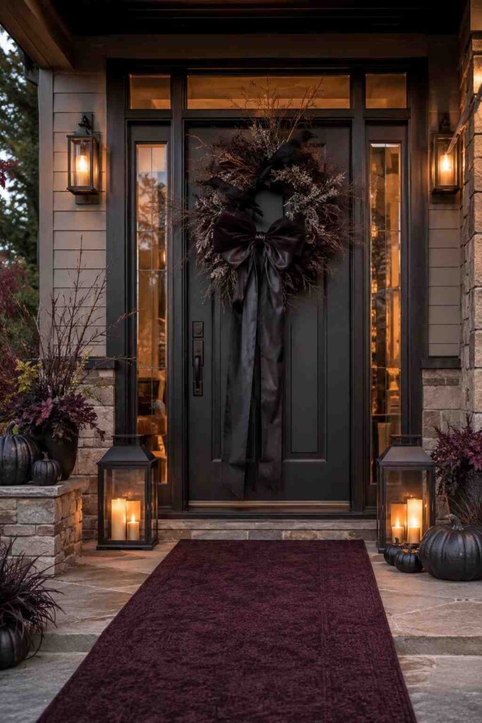 Top 15 Halloween Indoor Decor Ideas to Turn Your Home Into a Show-Stopping Haunt 2 Spooky Halloween entryway decor idea with black wreath and lantern candles