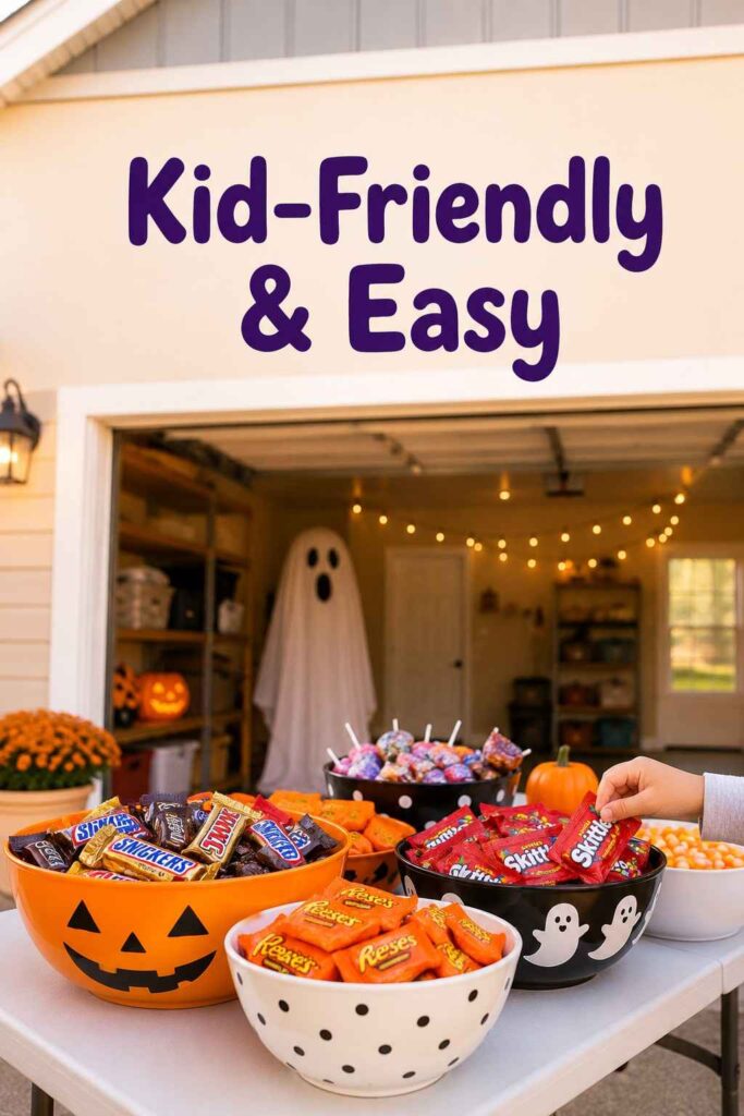 Low-Cost 23 Halloween Garage Decorations Ideas to Steal the Spotlight This Year 3 A folding table with sorted Halloween candy set up inside an open garage for trick-or-treaters.