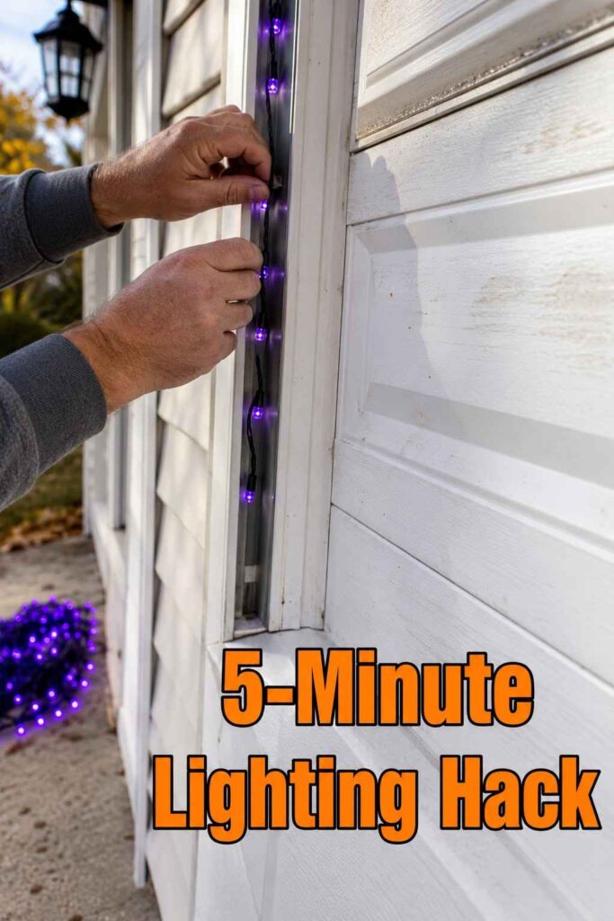 Low-Cost 23 Halloween Garage Decorations Ideas to Steal the Spotlight This Year 2 A close-up of hands stringing purple string lights along a garage door frame in daylight.