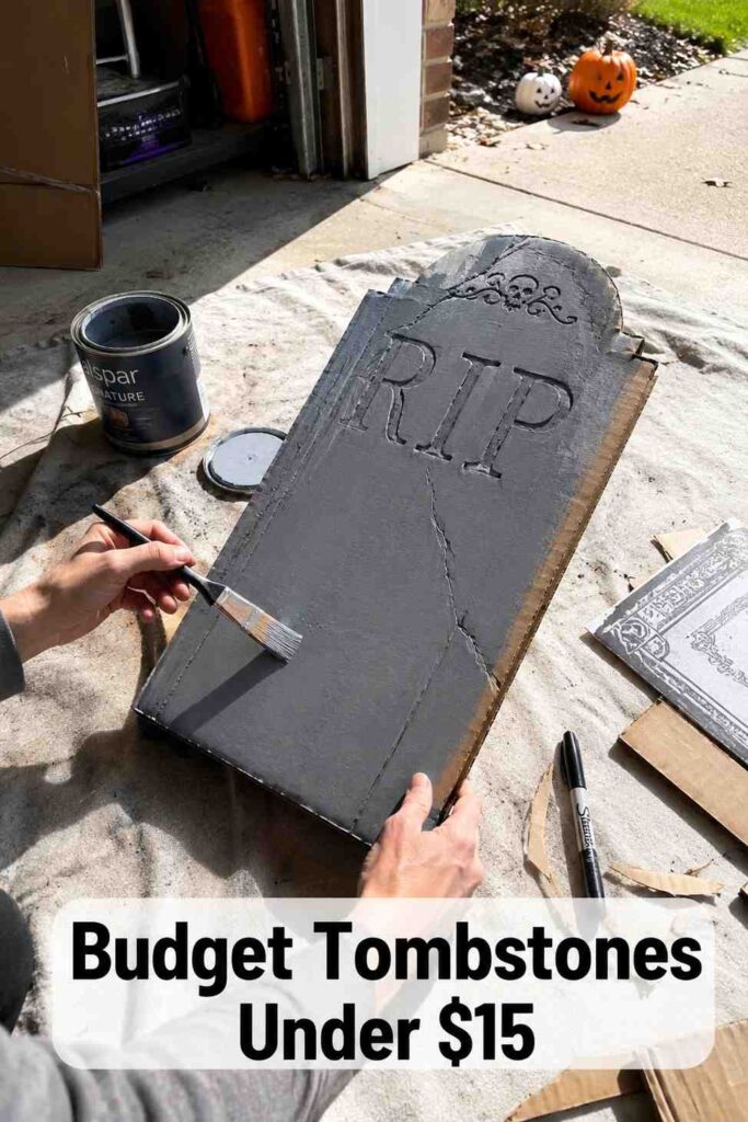 Low-Cost 23 Halloween Garage Decorations Ideas to Steal the Spotlight This Year 4 Hands painting a cardboard tombstone gray on a garage floor surrounded by craft supplies.