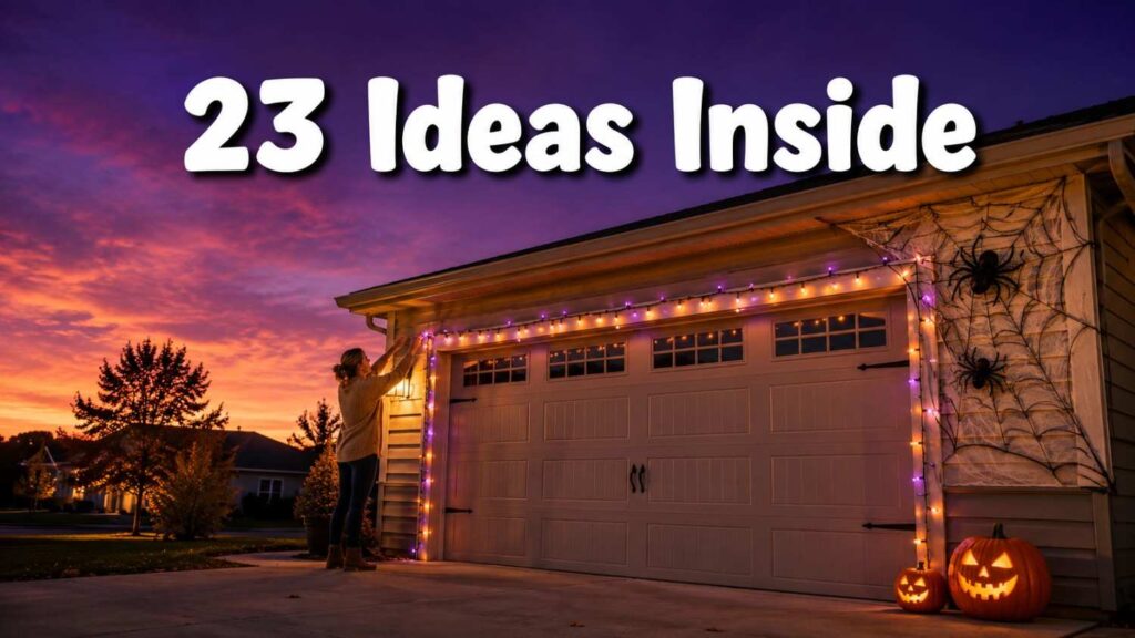Low-Cost 23 Halloween Garage Decorations Ideas to Steal the Spotlight This Year 4 A garage door decorated with orange and purple string lights, a spiderweb, and pumpkins at dusk.