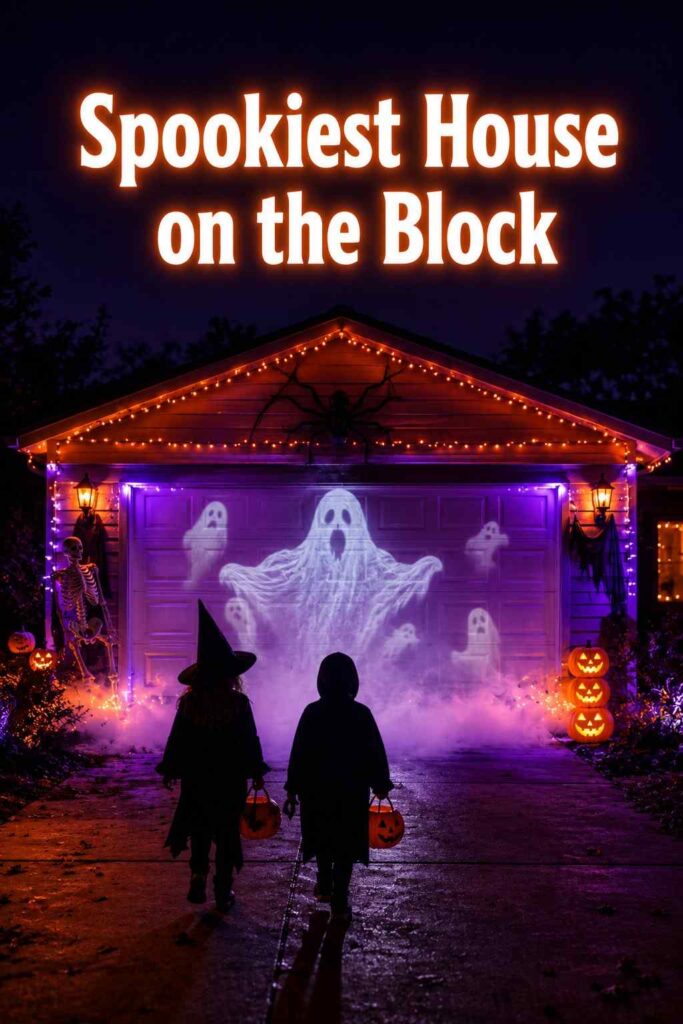 Low-Cost 23 Halloween Garage Decorations Ideas to Steal the Spotlight This Year 5 A fully lit Halloween garage decoration glowing at night with fog and a projected ghost image.
