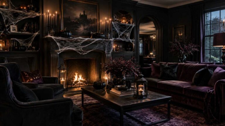 Halloween indoor decor ideas featuring a moody living room styled in charcoal and plum tones