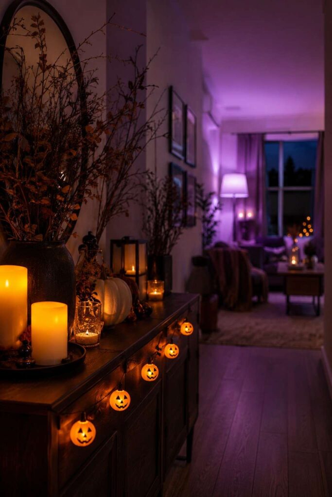 Top 15 Halloween Indoor Decor Ideas to Turn Your Home Into a Show-Stopping Haunt 6 Layered Halloween indoor lighting with LED candles and colored smart bulbs