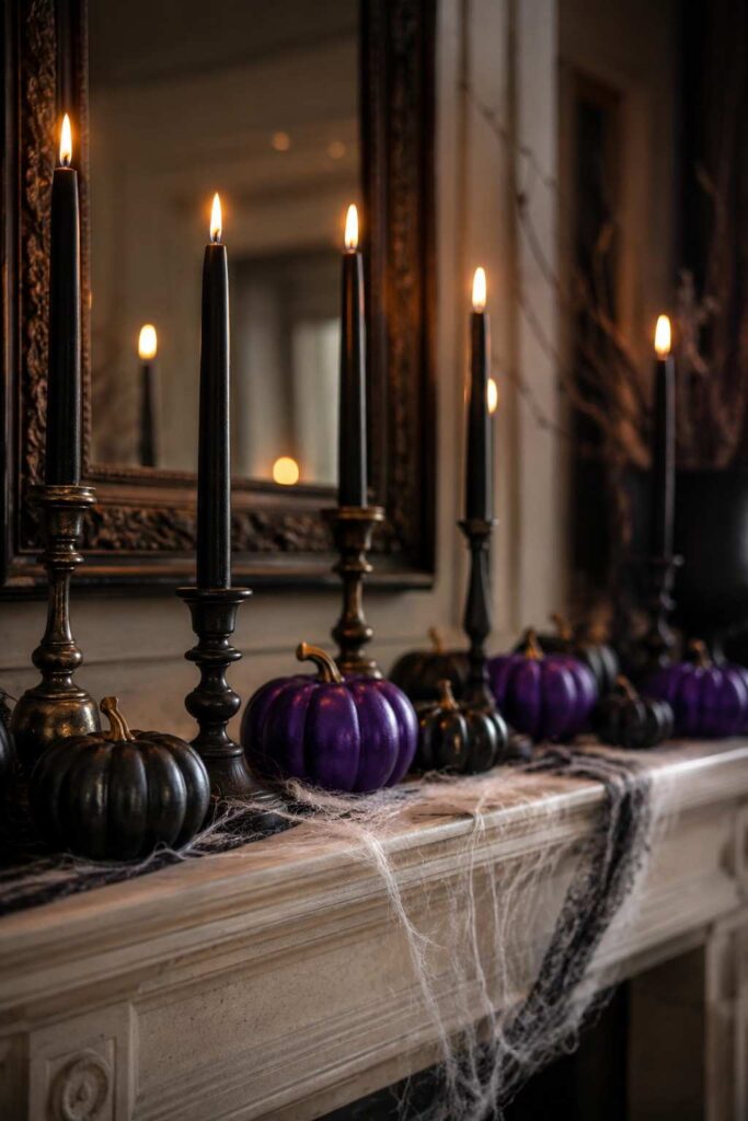 Top 15 Halloween Indoor Decor Ideas to Turn Your Home Into a Show-Stopping Haunt 3 Elegant Halloween mantel decor with black candles and matte pumpkins