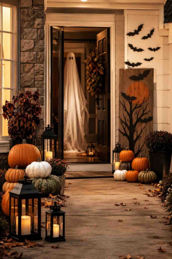 Top 22 Halloween Party Decorations for a Stylishly Spooky Celebration 2 Halloween party entrance with layered pumpkins, bats, lanterns, and a ghost curtain