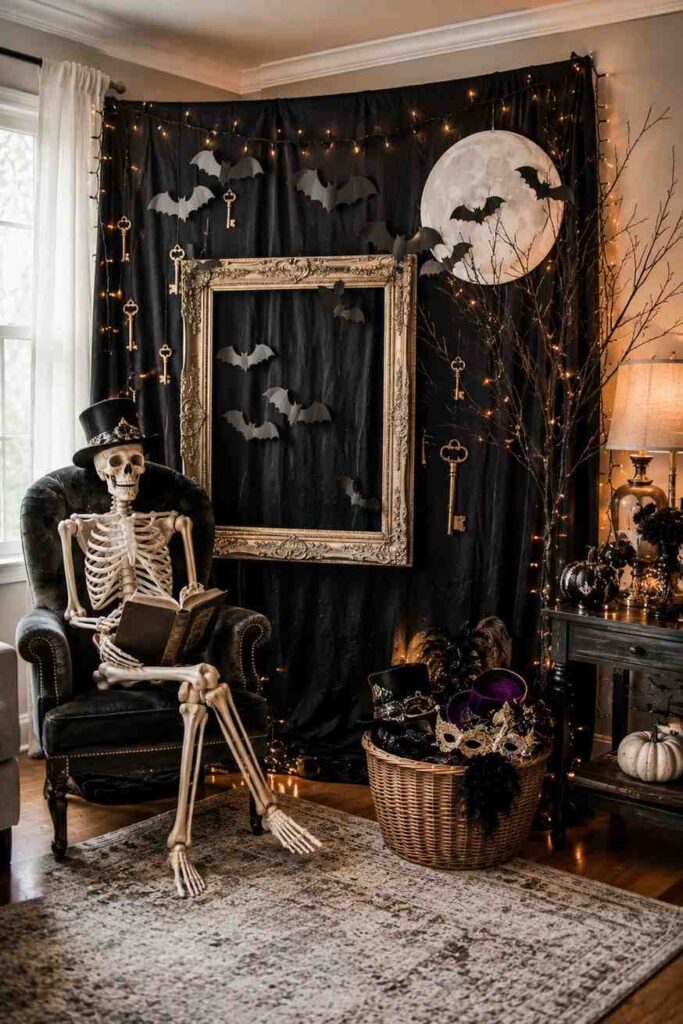 Top 22 Halloween Party Decorations for a Stylishly Spooky Celebration 6 Halloween photo booth beside a playful skeleton lounge in a decorated living room